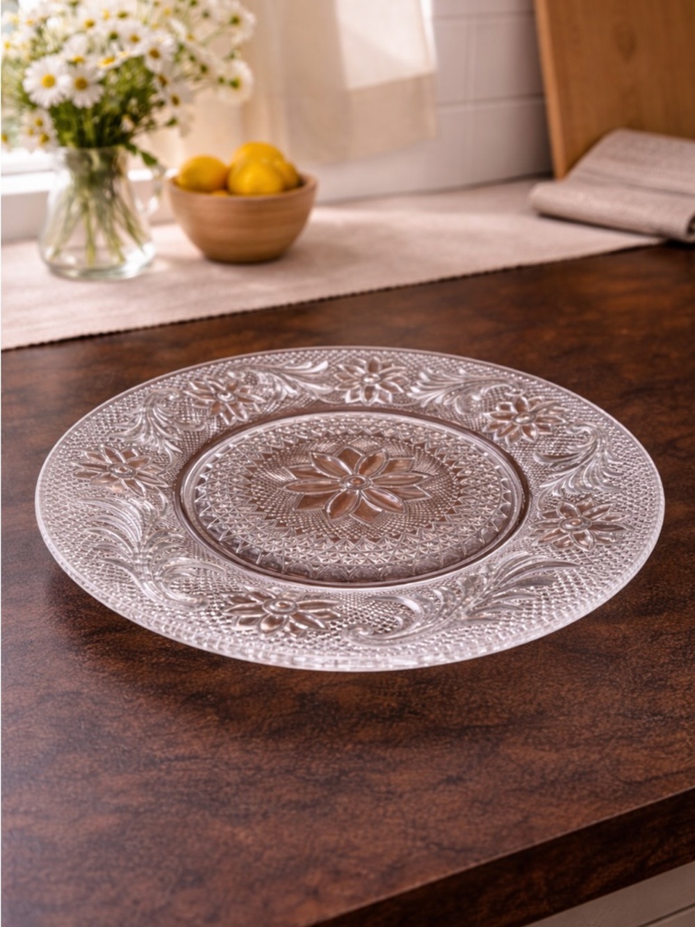 Tiara Indiana Glass Sandwich Plates Set of 9 Clear Pressed Glass Floral Pattern